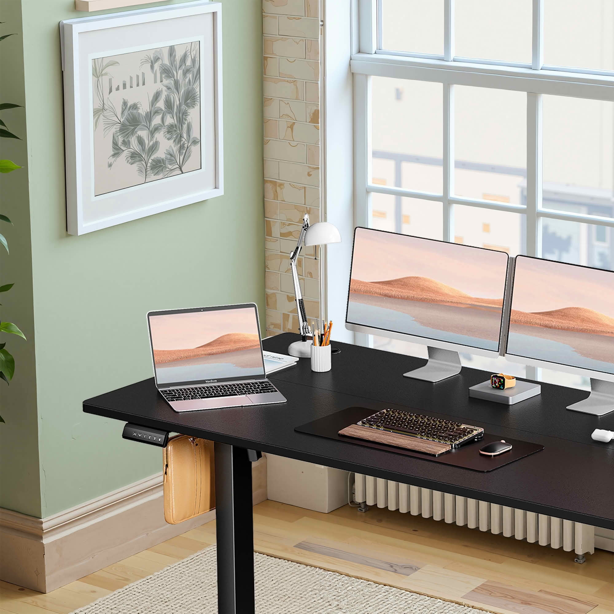 MAYEERTY 55x24 Ergonomic Height Adjustable Desk, T-Shaped Metal Bracket, Computer Workstation, Black