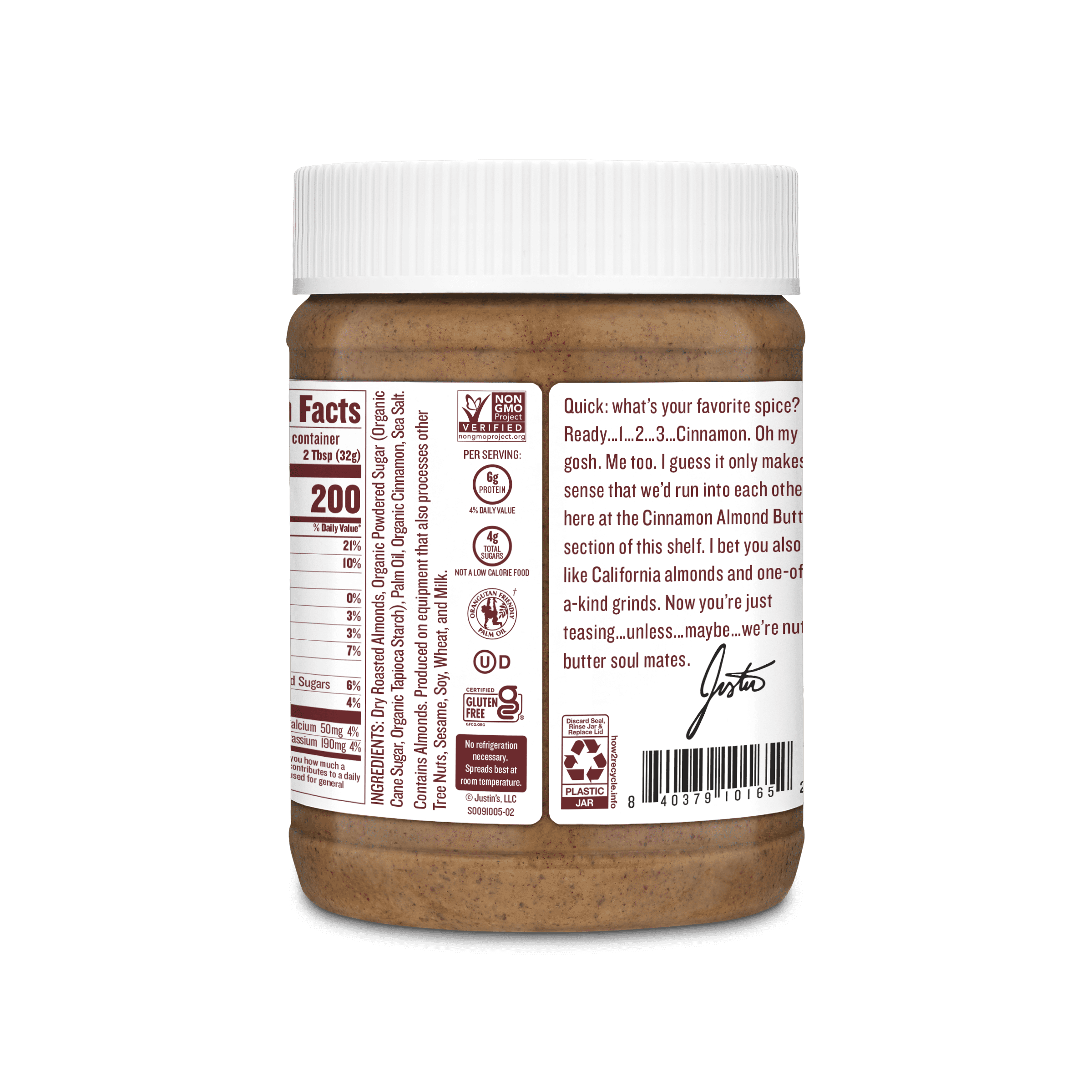 (6 pack) JUSTIN'S Cinnamon Creamy Almond Butter Spread, 12 oz Jar