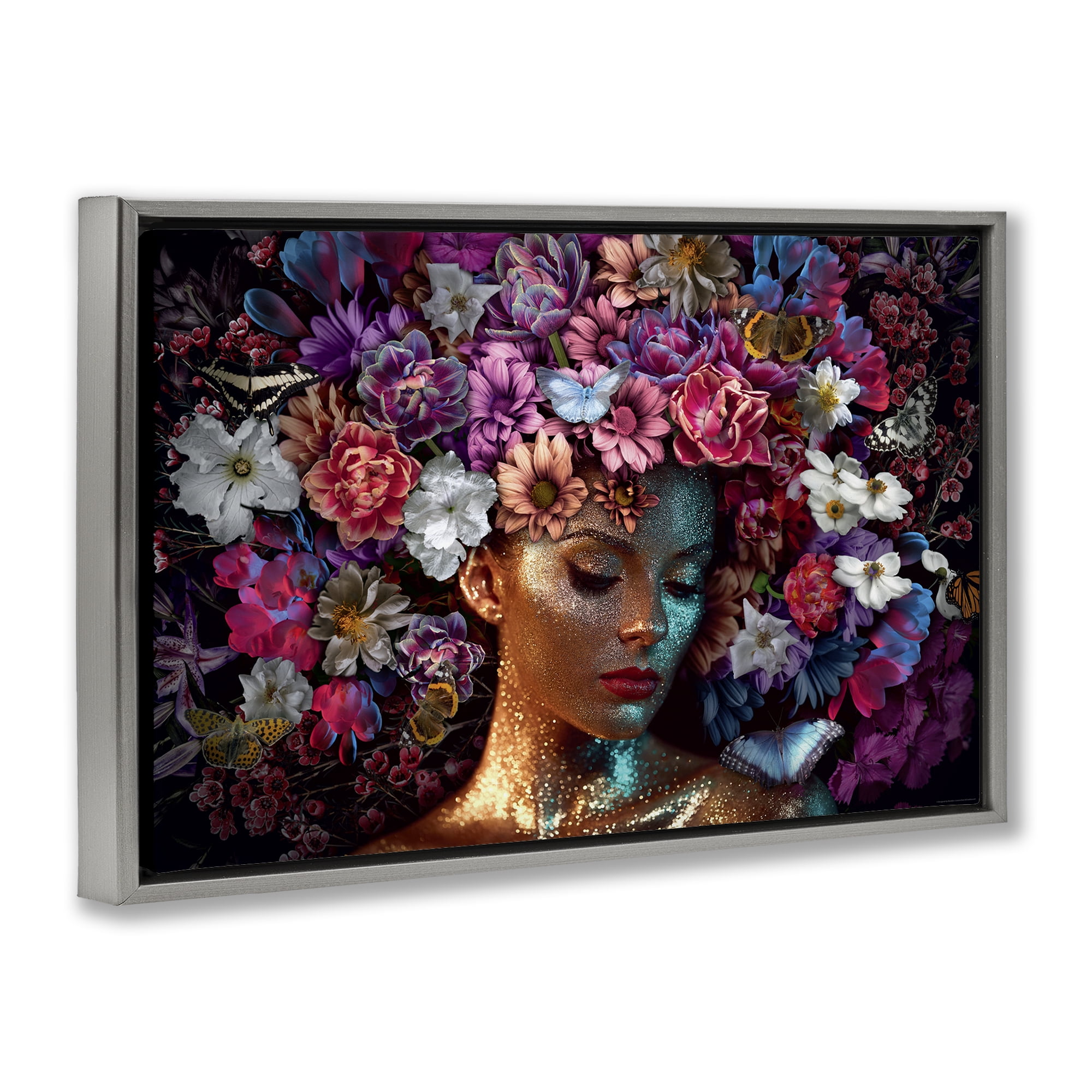 Stupell Industries Glitz Woman with Florals Plants & Flowers Painting Gray Floater Framed Canvas Art Print Wall Art, 25 x 17