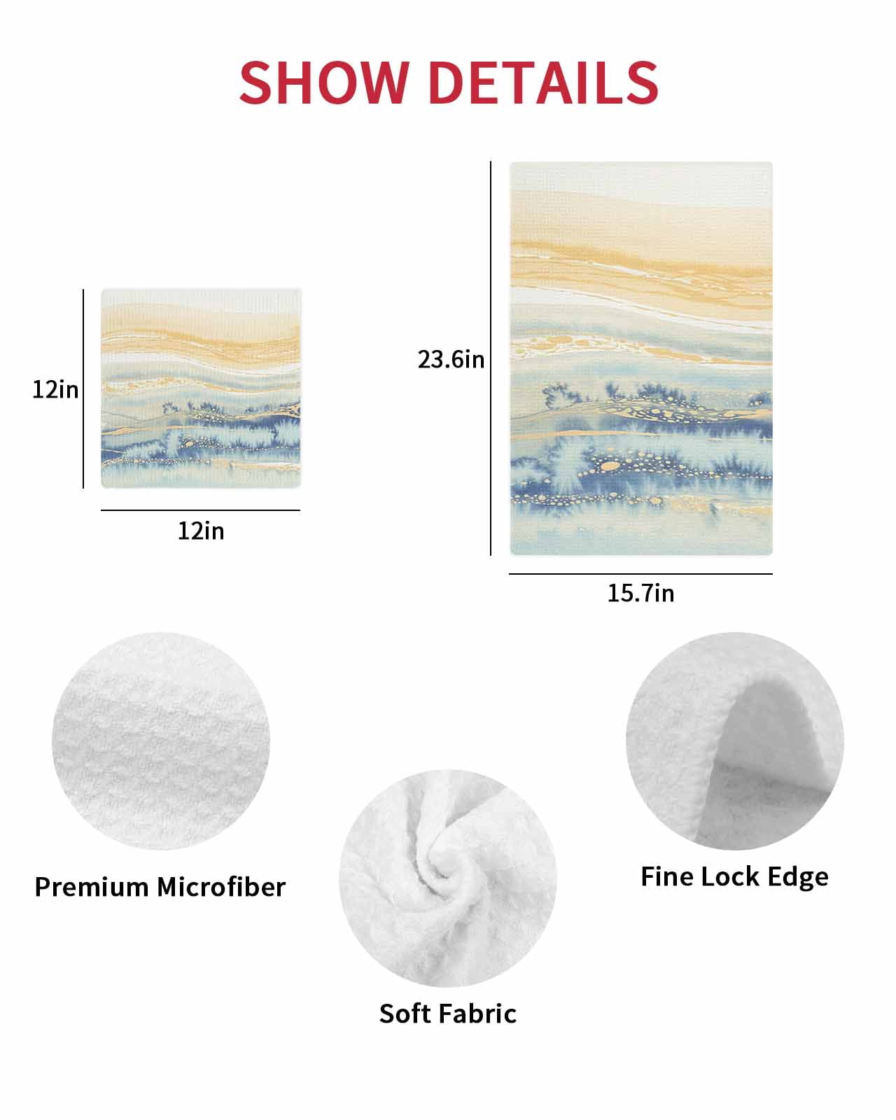 Yellow Blue Ombre Kitchen Dish Towels for Drying Dishes Set of 3, Abstract Modern Art Fluid Striped Waffle Weave Microfiber Hand Tea Bathroom Towels Quick Dry & Absorbent Towel 12x12
