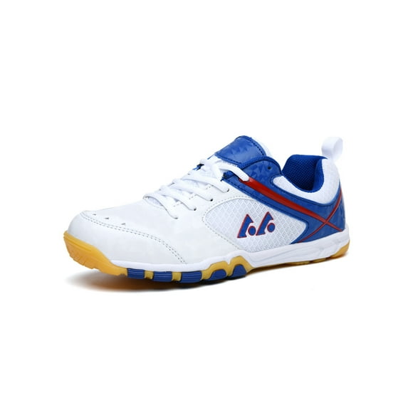 LUXUR Mens Badminton Shoes Indoor Court Sneakers Lace Up Table Tennis Shoe Breathable Trainers Pickleball White Blue 10.5