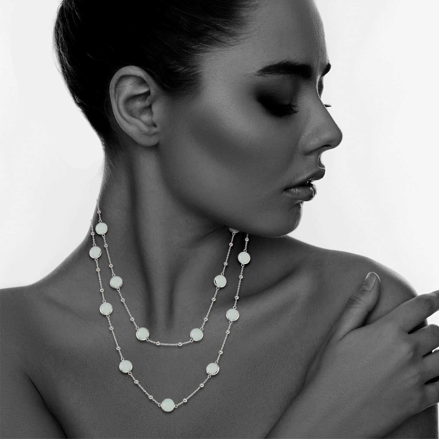 5th & Main Sterling Silver Bezel Necklace with Small Silver Stations and Aqua Chalcedony Round Gemstones