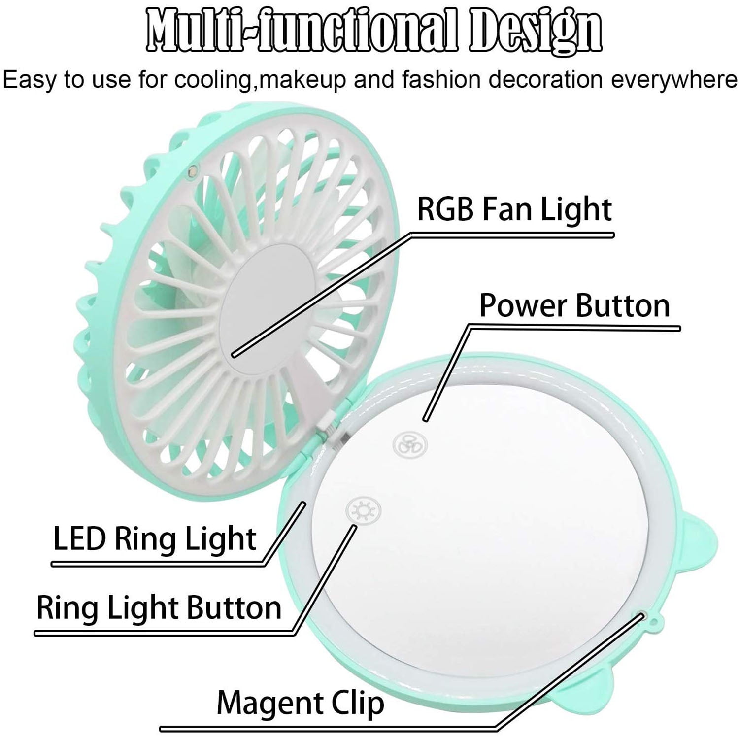 Lucky Cat Portable Necklace Personal Fan and Handheld Make Up Mirror