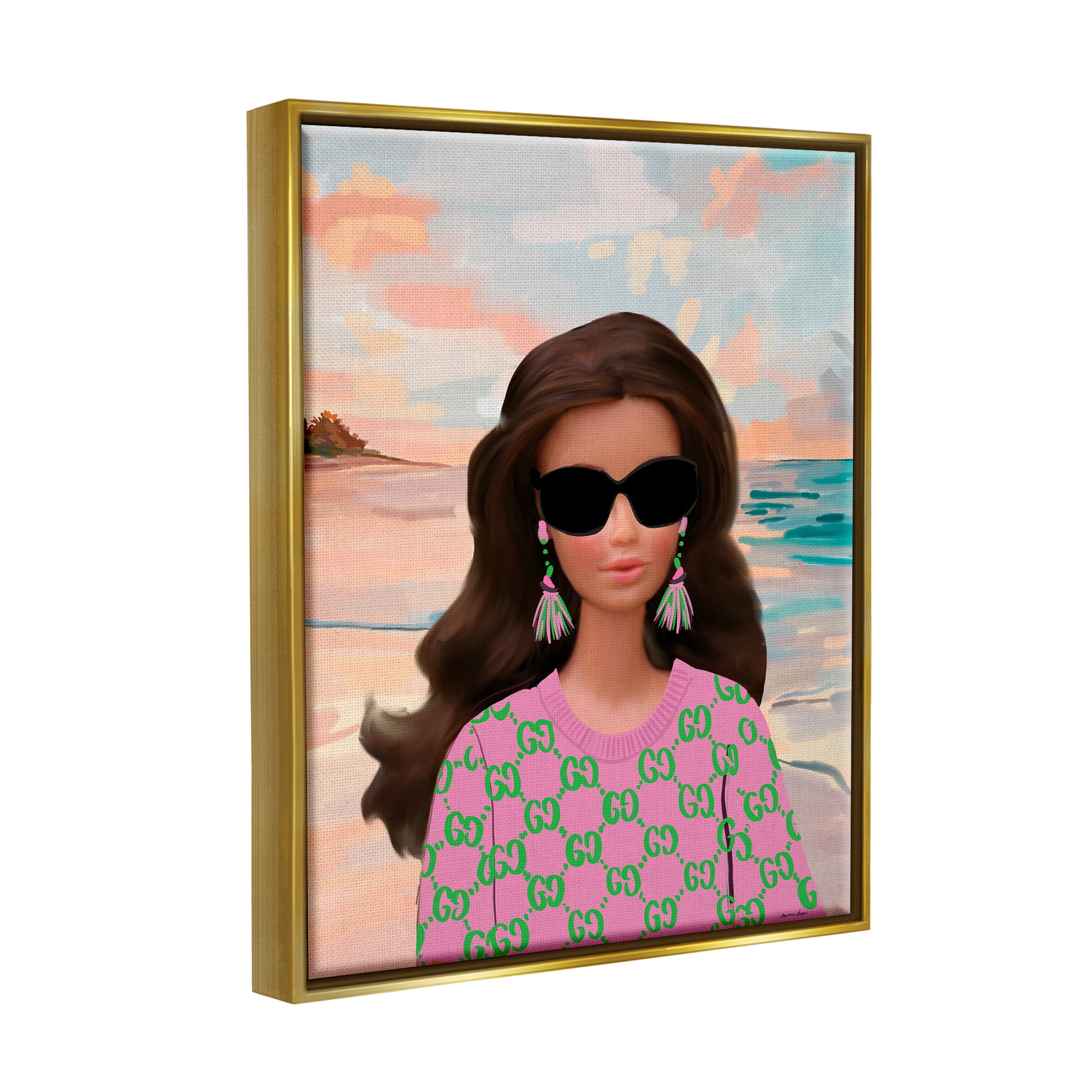Stupell Industries Abstract Fashionista on Beach Landscape Painting Gold Floater Framed Canvas Art Print Wall Art, 25 x 31