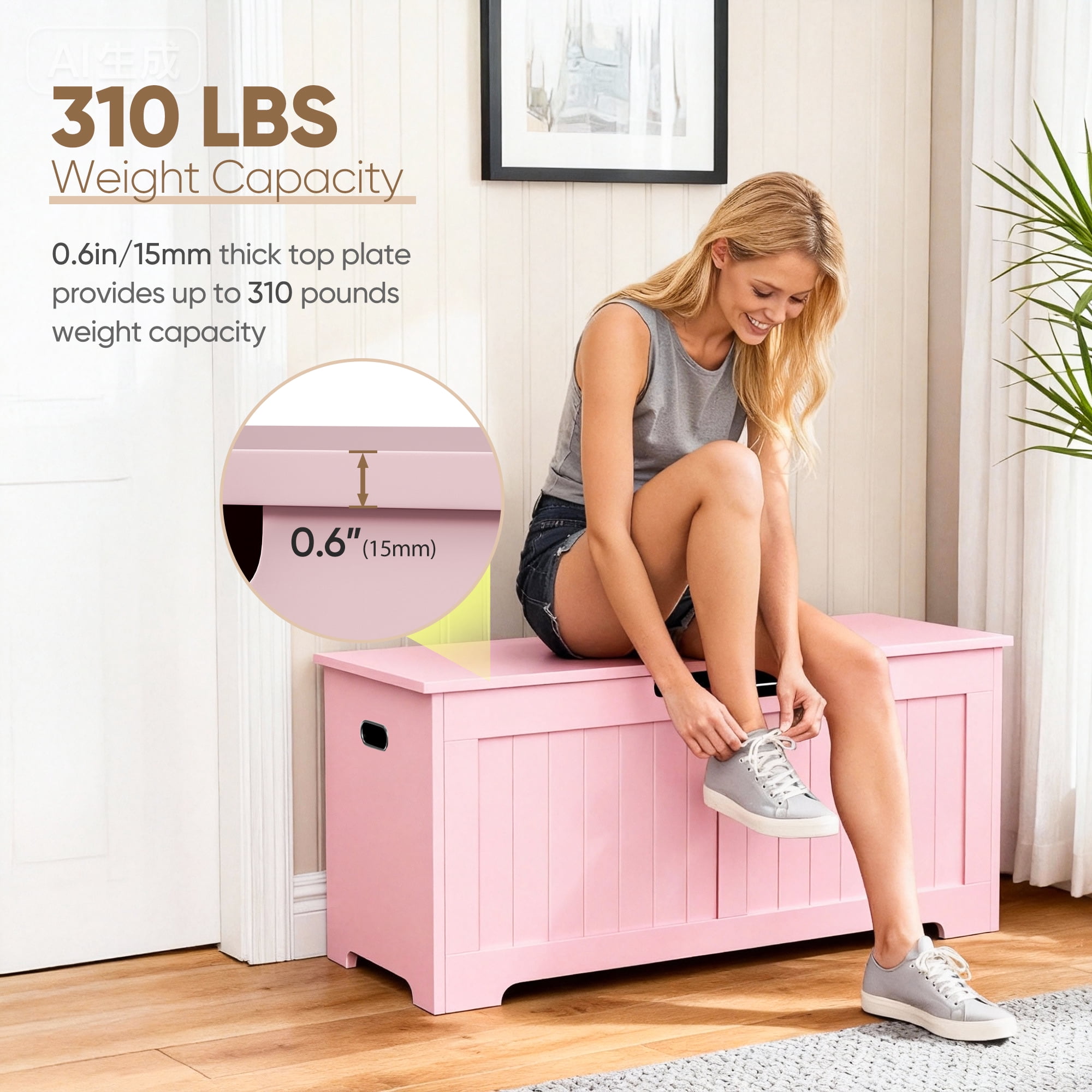 SuperDeal Wooden Storage Chest Box W/Safety Hinge, 39.4 in Large Storage Organizer Shoe Bench for Home Entryway, Bedroom, Pink
