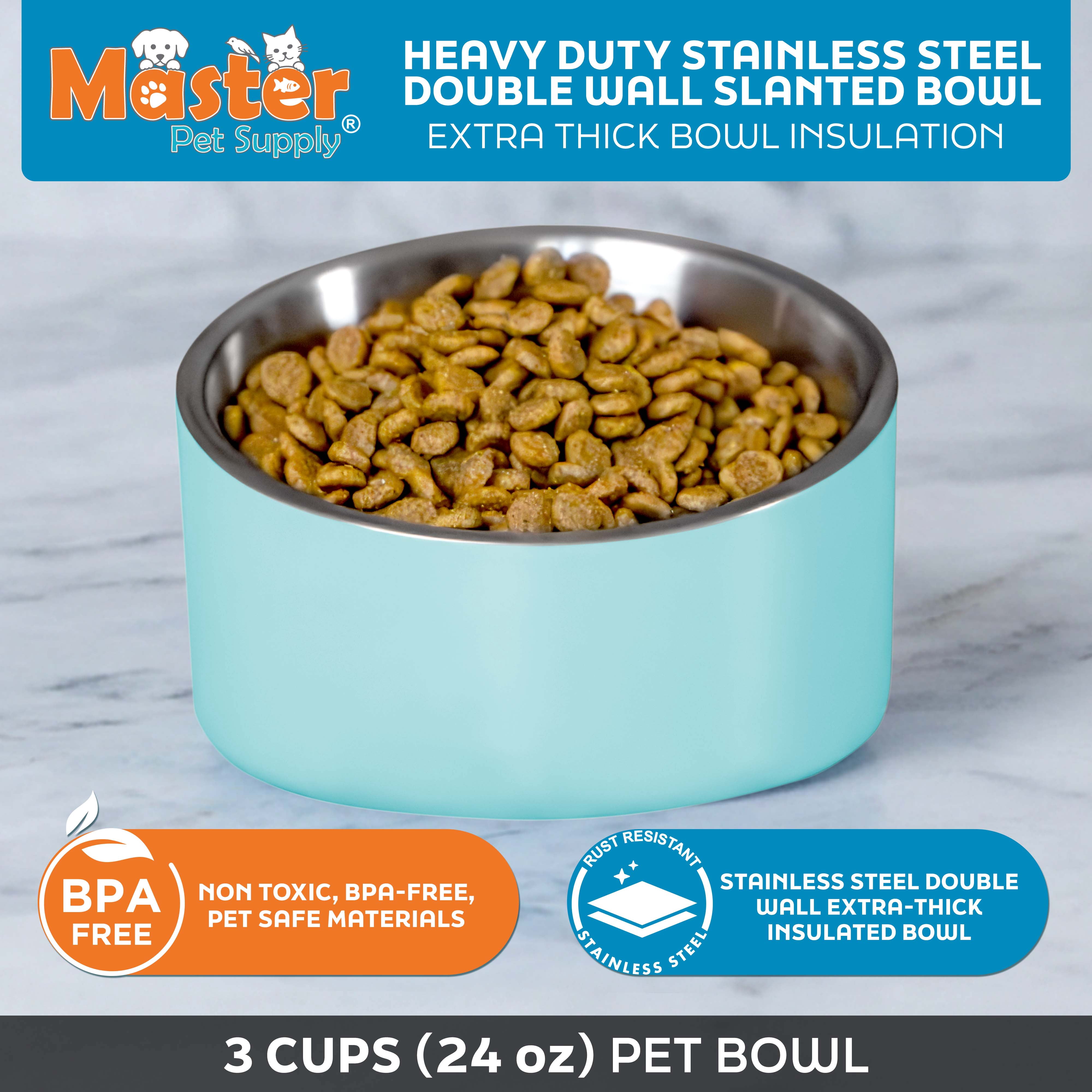 Master Pet Supply Stainless Steel Slanted Dog Cat Food Bowl - 24 oz Heavy Duty - Aqua Sky, Double Wall Insulated, Non-Slip Elevated Bowl for French Bulldogs Pugs Cats, Anti Rust Dishwasher Safe