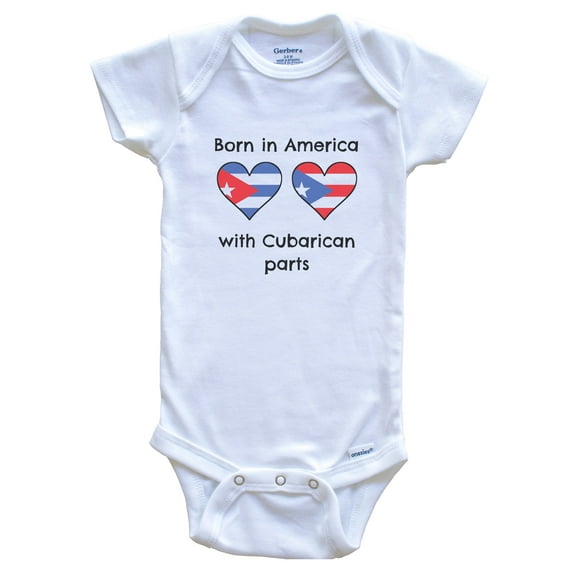 Born in America with Cubarican Parts Funny Cuba Puerto Rico Flags Baby Bodysuit, 0-3 months white