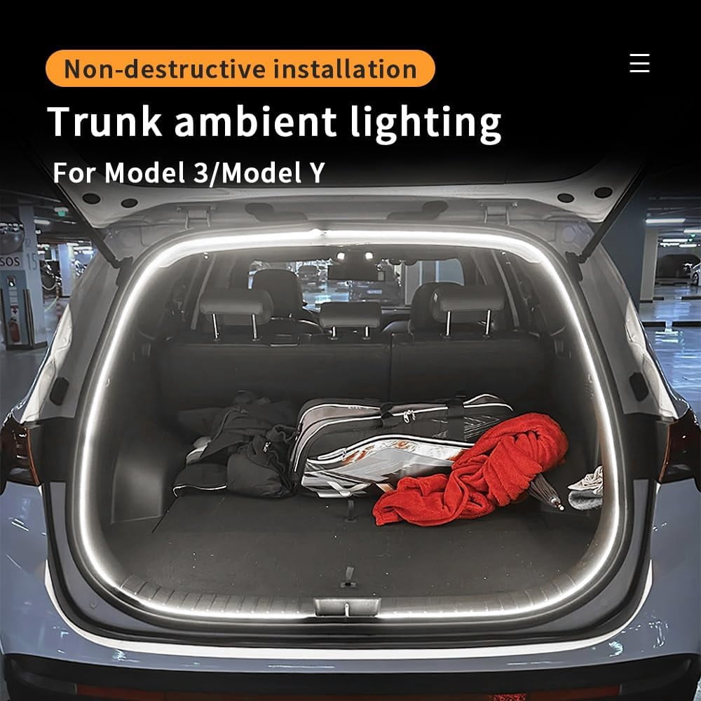 Rear Trunk LED Light Strip for Tesla Model Y Juniper 2021-2025 - Silicone Rear Trunk Accessories with Magnetic Induction Switch, Waterproof Ambient Light (DC 15V, Cool White)