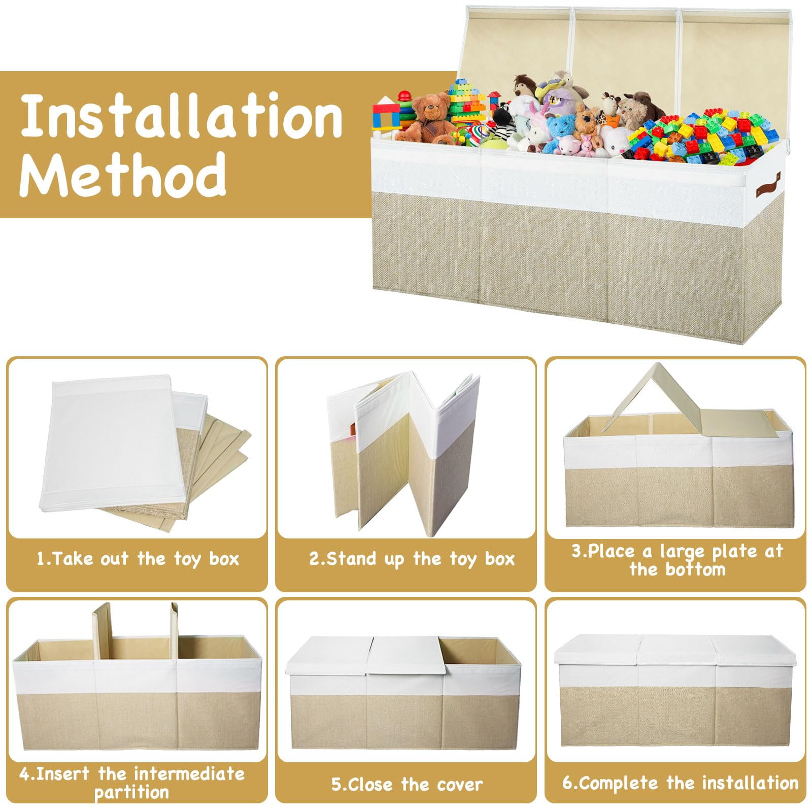 Extra Large Toy Box,Toy Storage Organizer Collapsible Storage Bins with Lids Toy Chest and 2 Side bags ,40"X14"X16"，large toy box for Living Room,Nursery,Playroom,Home Organization(Beige & White)