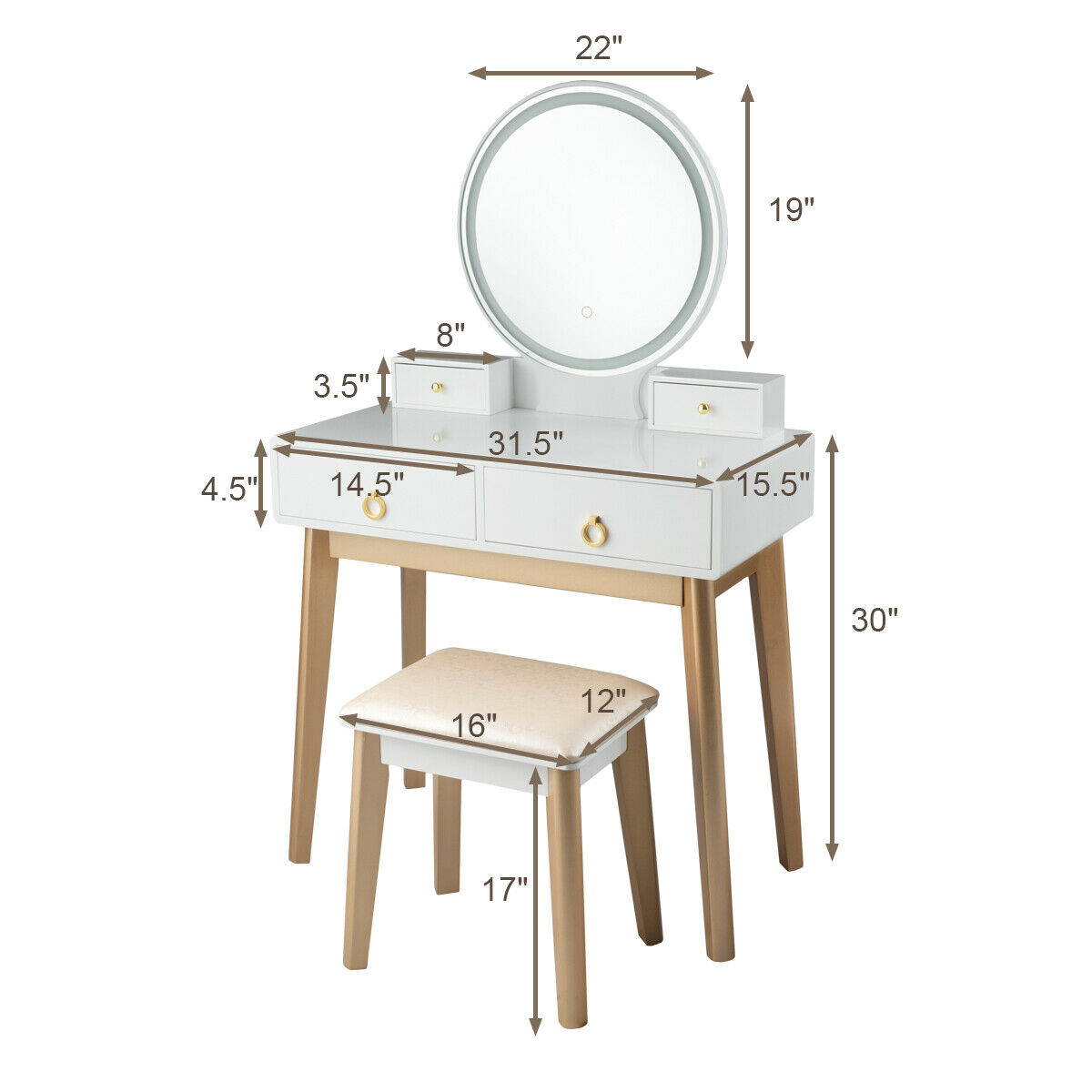 Costway Makeup Vanity Table 3 Color Lighting Modes Jewelry Dressing - image 3 of 10