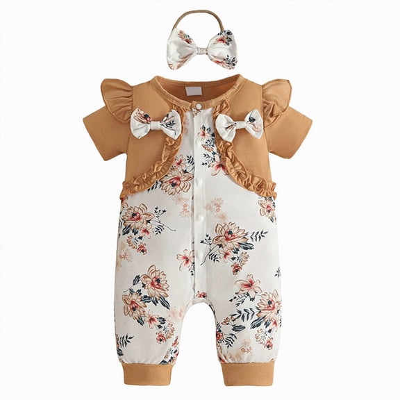 JUMEYU Infant Girl Clothes Summer Newborn Baby Girls Romper Jumpsuit Infant Girl Summer 0 3 6 9 12 18 24 Months (Coffee,3-6 Months)