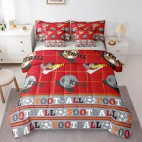 Feelyou Retro Soccer Sports Bedding Comforter Set 7 Pieces, Est Sleep Rugby Football Full Bedding Set, Red Cartoon Theme Reversible Fitted Sheet Flat Sheet, Breathable Home Decor