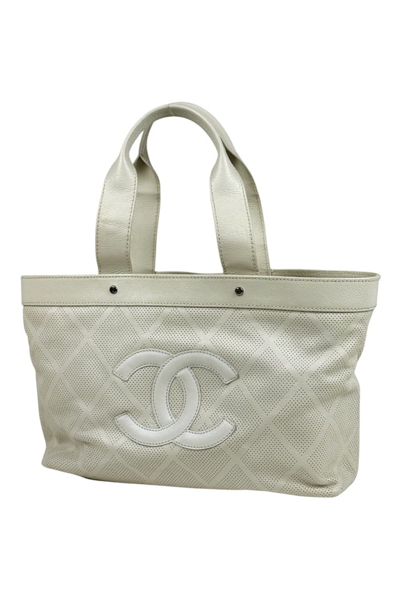 Pre-Owned Chanel Coco Mark Tote Bag, Punched Handbag, Leather Ivory, Women's