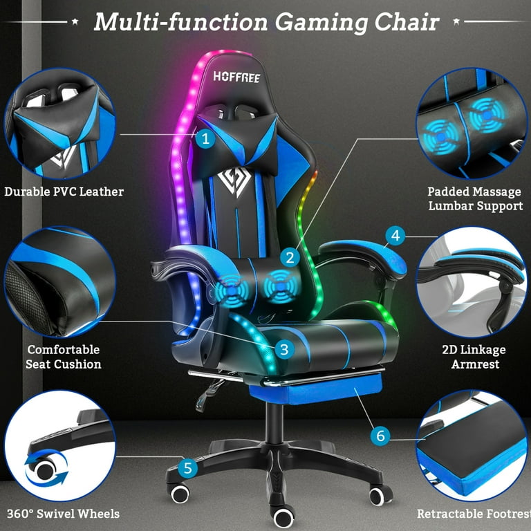 Adjustable Swivel Gaming Chair with Massage Pillow &Footrest, Leather PC  Video Game Chairs,Black 