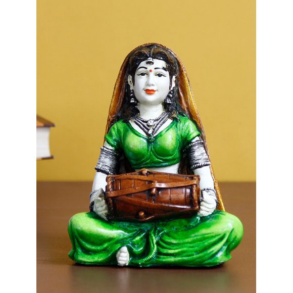 Rajasthani Lady Playing Dholak Handcrafted Decorative Polyresin Showpiece, Green & Brown