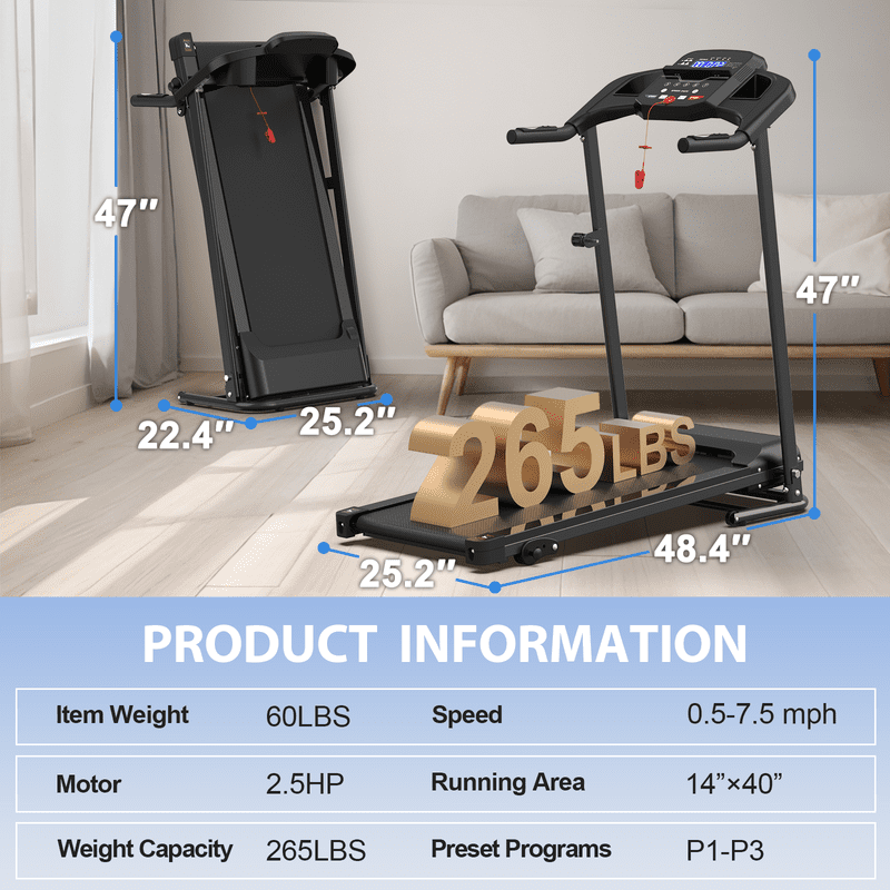 Redliro Folding Treadmill with 2.5HP Quiet Brushless Motor, Compact Running Machine for Home, LCD Display, Heart Rate Monitor, 265LBS Capacity