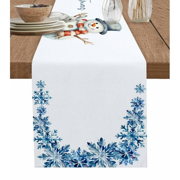Blue Snowman Christmas Burlap-Cotton Table Runner 48 Inches Long,Xmas Snowflake Blue Farmhouse Table Runners,Outdoor Dining Tablecloths Decor for Baby Shower Party Wedding 13x48