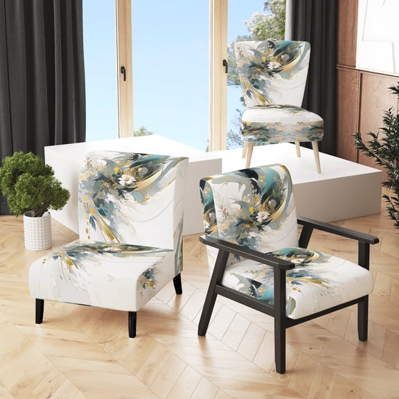 Designart "Mosaic Echoes in Turquoise and Gold II" Turquoise Cubism Upholstered Accent Chair - Modern Arm Chair For Living Room