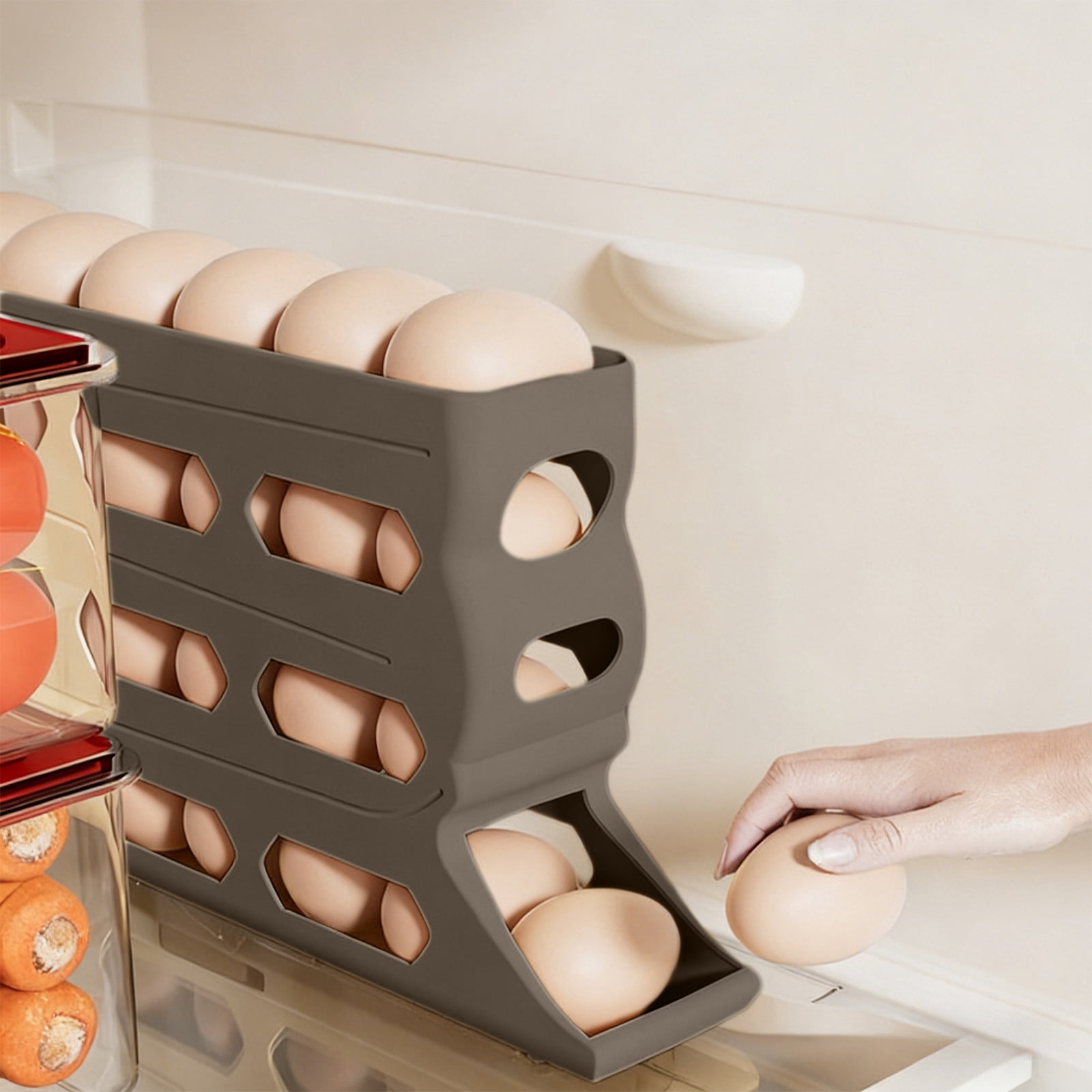 Votnto 30-Count Automatic Rolling Egg Dispenser, 4-Tier Refrigerator Egg Holder Organizer (White/Khaki/Gray)