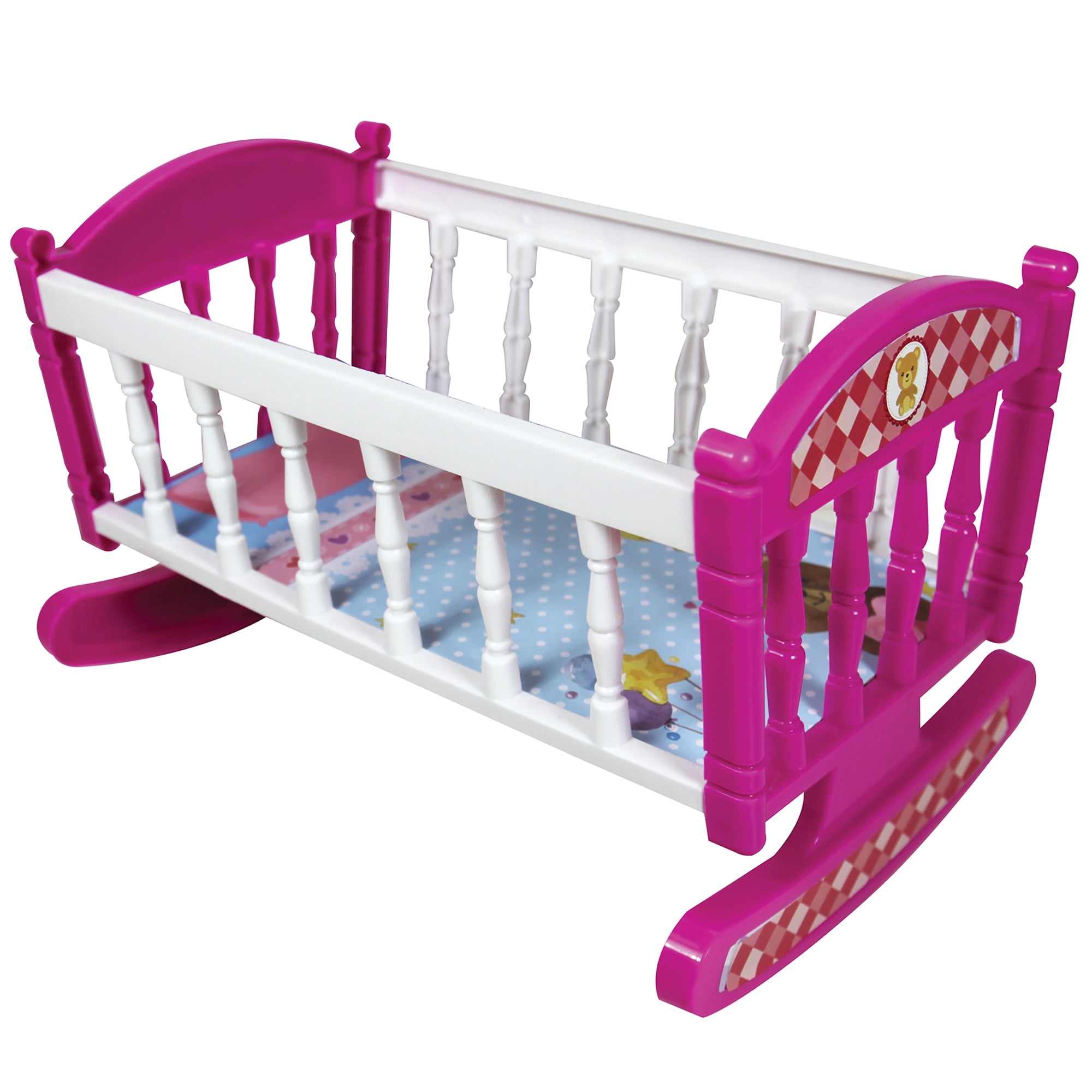 Lissi: 12" Doll Set: Stroller, Bed & Highchair - Blonde Hair - Pink-White-Animal - Feeding-Sleep-Travel Playset, Foldable Design, Kids-Toddlers Age 2+