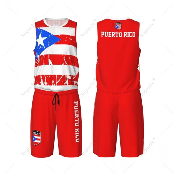 Team-up Puerto Rico Flag Grain Men Basketball Jersey Set Shirt & Pants Sleeveless Custom Name Nunber Exclusive