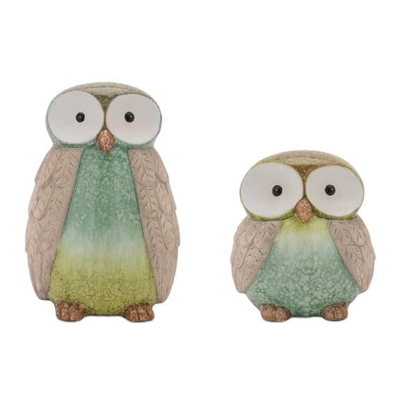 Melrose Etched Feather Terracotta Owl Figurines - 9.5" - Green and Teal Blue - Set of 2