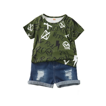 

Kucnuzki 4T Toddler Boy Summer Outfits Shorts Sets 5T Short Sleeve Carton Letter Prints Cozy Tops Elastic Rippe Denim Shorts 2PCS Set Green