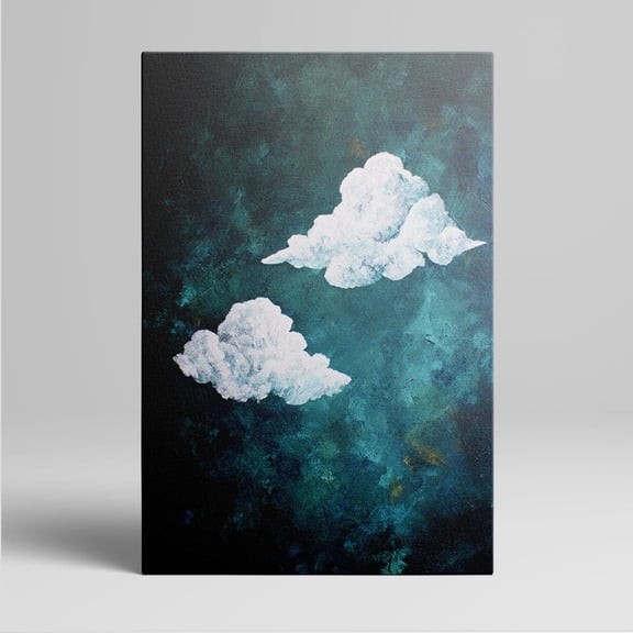 1pc Cloud - themed Framed Canvas Wall Art with Two Fluffy White Clouds on a Dark Teal Background, Decor room hanging Wall Picture Decor for Home Gifts, living room, bathroom, bedroom, kitchen wall