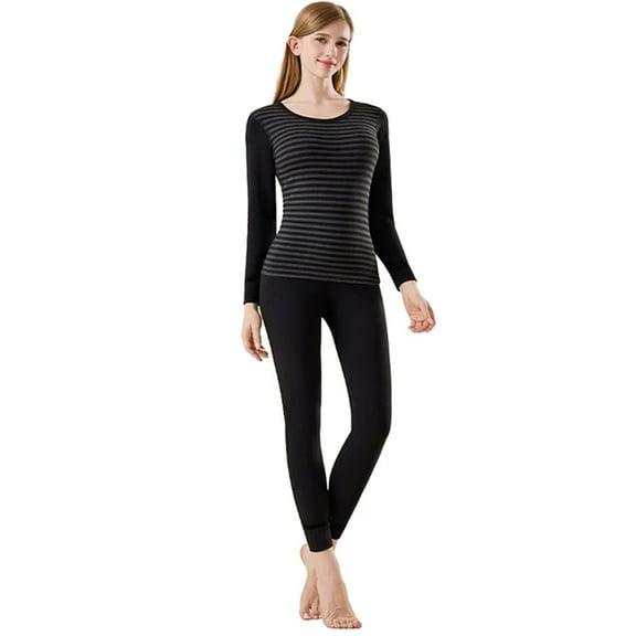 Round neck thermal underwear set, women's seamless edge-trimmed base layer top and bottom set