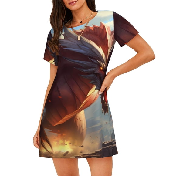 Bixox Ferocious Dragon Fury Pattern Women's Nightgown, Soft & Breathable Sleepwear, Round Neck Knee-Length Pajama Dress,Loungewear for Home & Sleep