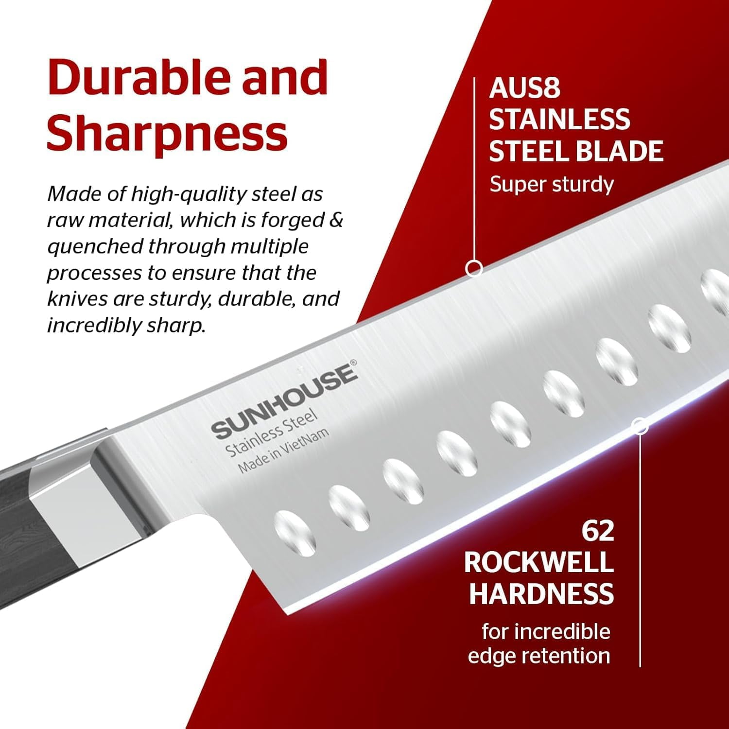 Sunhouse PREMIUM Chef Knife 7.9 inch, AUS-8 Stainless Steel – Superior 62HRC Hardness, Razor Sharp Blade, Full Tang, Ergonomic Handle, Perfect Gifts for Mom or Dad, Premium Gifts Box