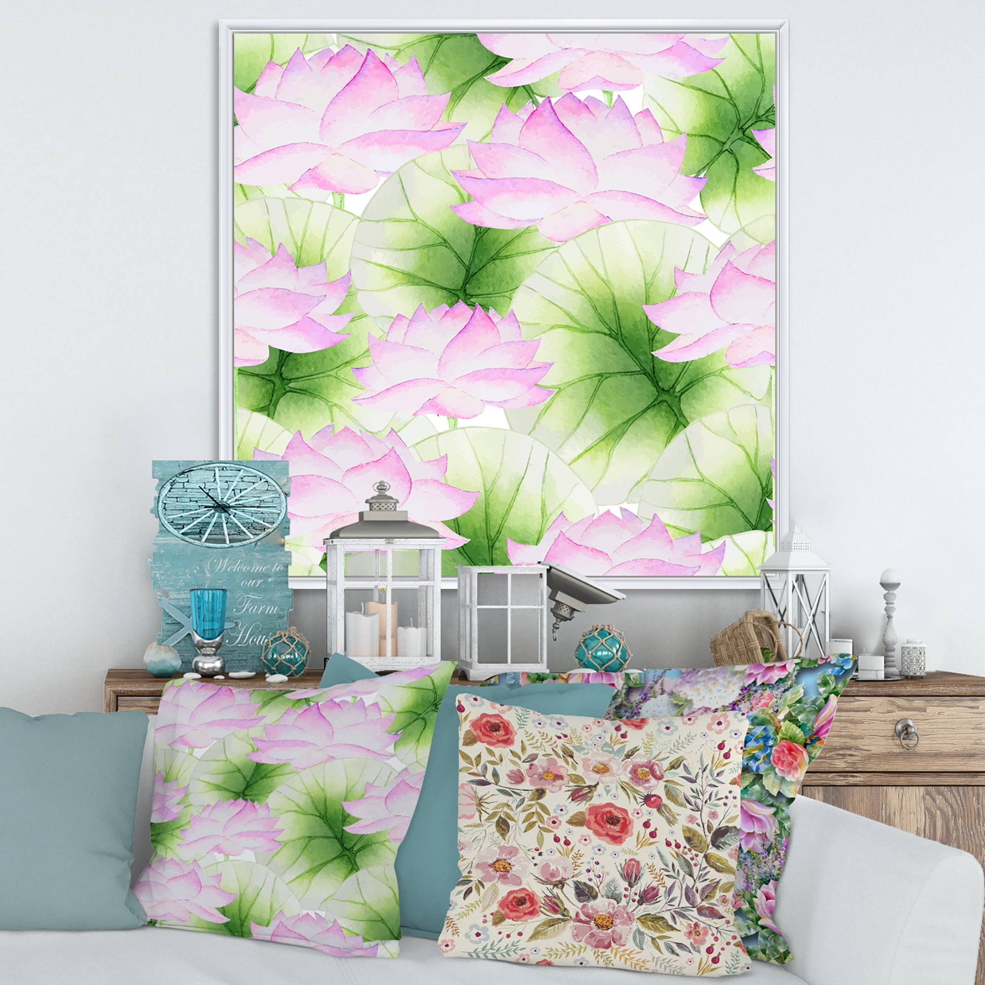Designart 'Ancient Pink Lotuses In The Pond IX' Traditional Framed Canvas Wall Art Print