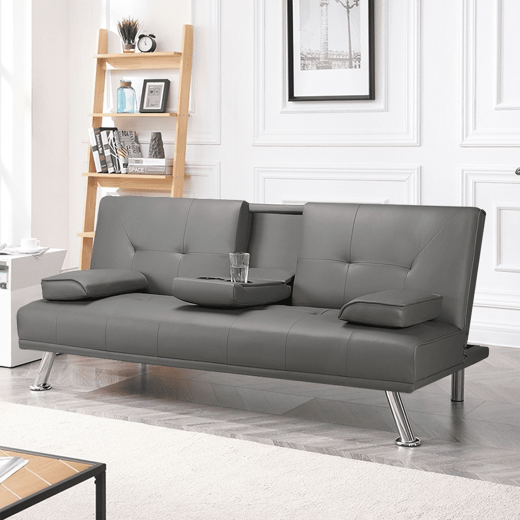 Renwick LuxuryGoods Modern Faux Leather Futon with Cupholders and Pillows Gray
