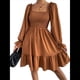 thumbnail image 3 of Vestido Mini de Fiesta Fluido con Escote Cuadrado, Larga, Volantes y Farol para Mujer Marrón XL, 3 of 10