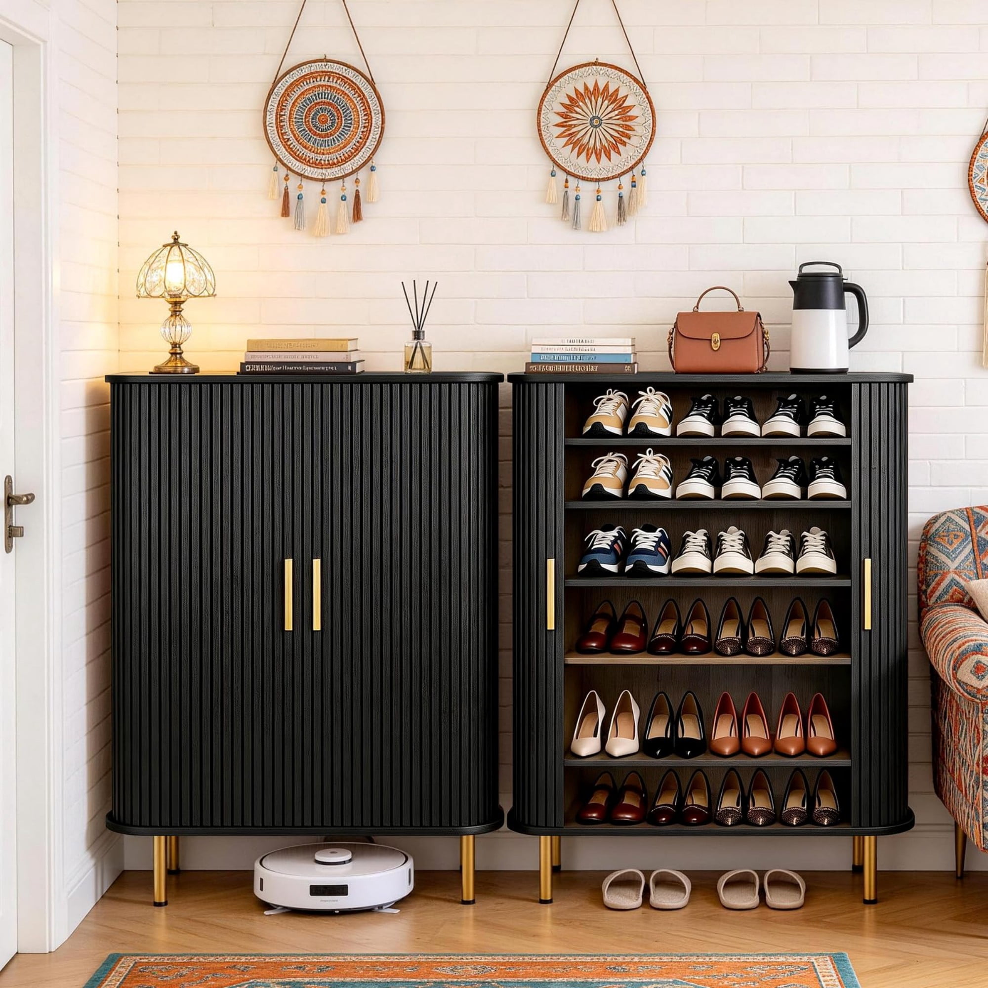 31.5"W Shoe Storage Cabinet with Sliding Door, 6 Tier Adjustable Shoe Rack, Mid Century Modern Entryway Organizer, Black