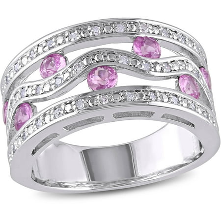 1 Carat T.G.W. Pink Sapphire and 1/5 Carat T.W. Diamond Sterling Silver Three-Row Ring