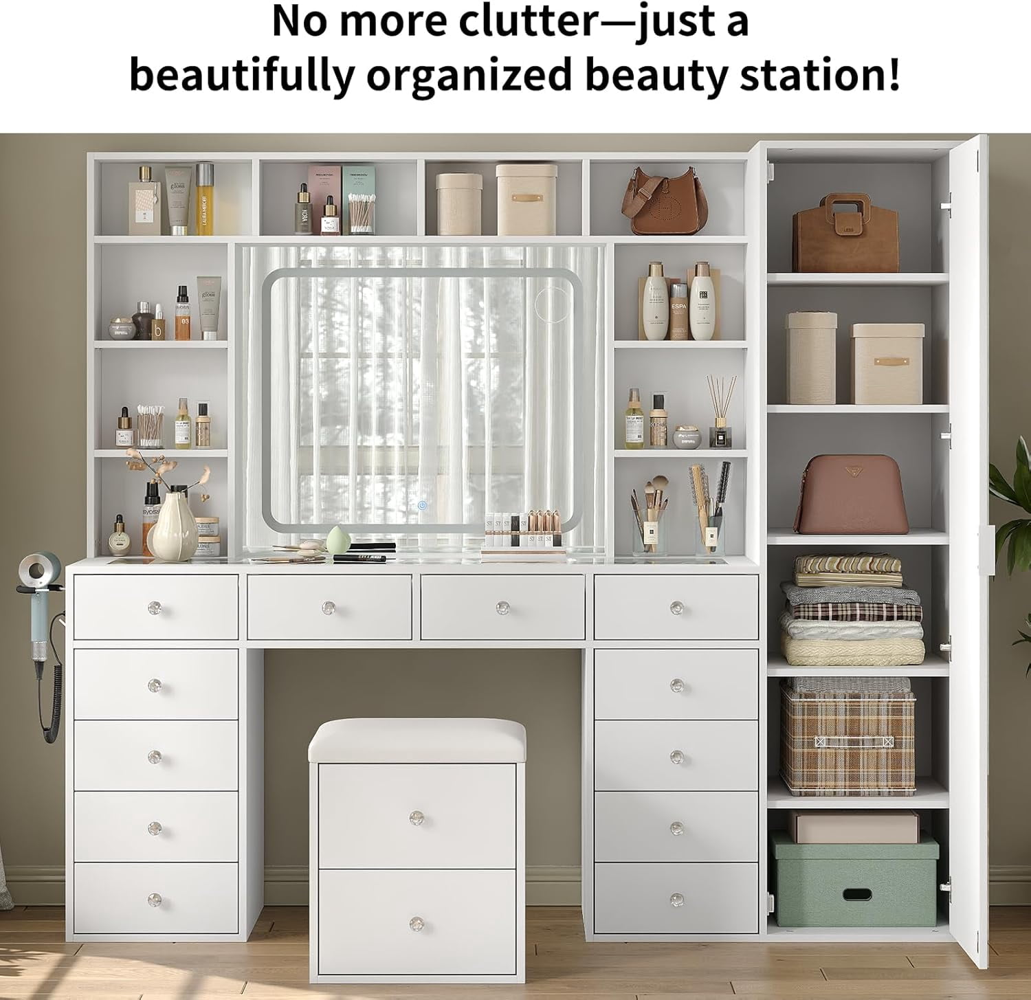 Vanity Desk Full Length Mirror & LED Mirror with Power Outlet, Makeup Vanity 14 Drawers & 10 Shelves, Hidden Storage Capacity, Dimmable & 3 Color Lighting Dressing Table for Bedroom, White