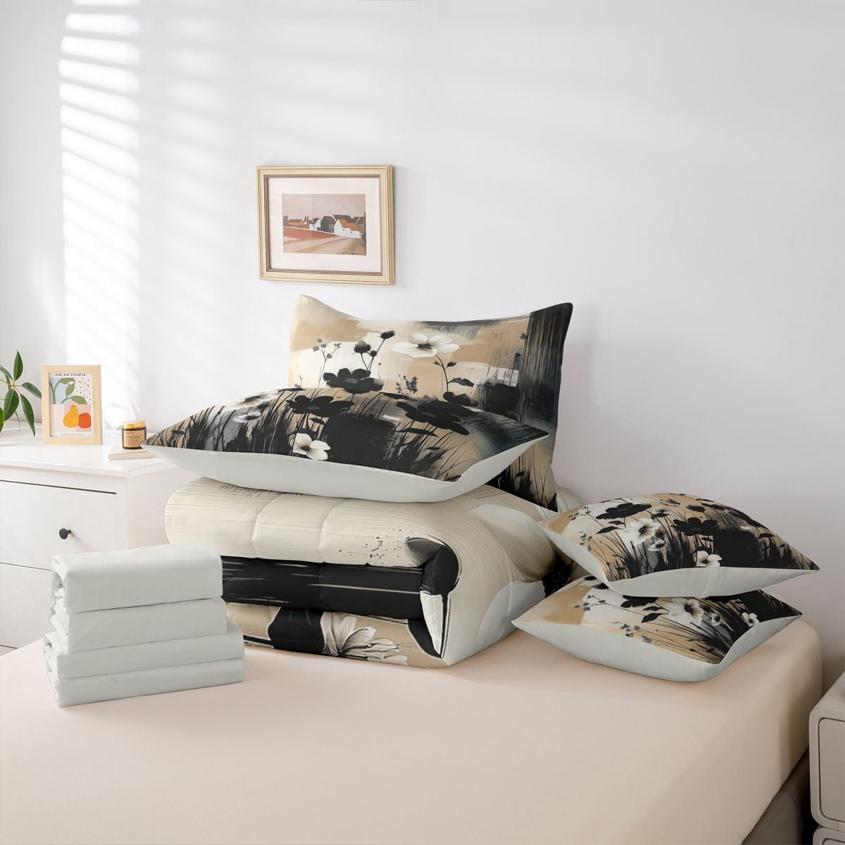 Homewish Chic Flowers 7pcs Bedding Comforter Set For Kids Teens Female Girls,Chic Floral Blossoms Queen Bedding Sets Super Cozy,Abstract Retro Vintage Queen Sheet Sets,Lightweight Room Decor