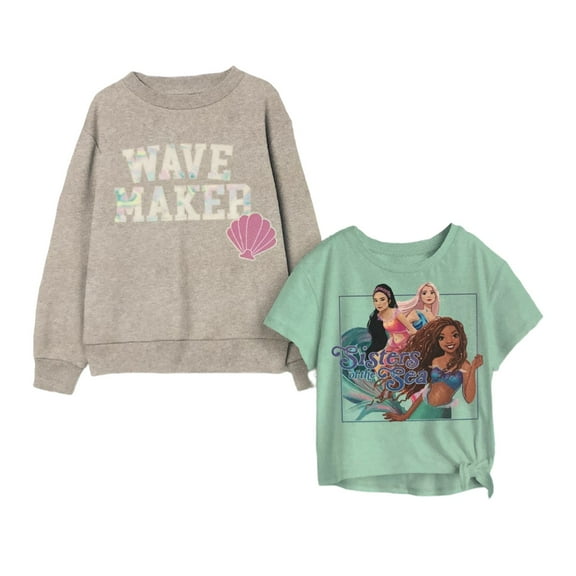 Disney Girl's 2 Pack Comfortable Crewneck Pullover Sweatshirt and Tee (The Little Mermaid, 10/12)