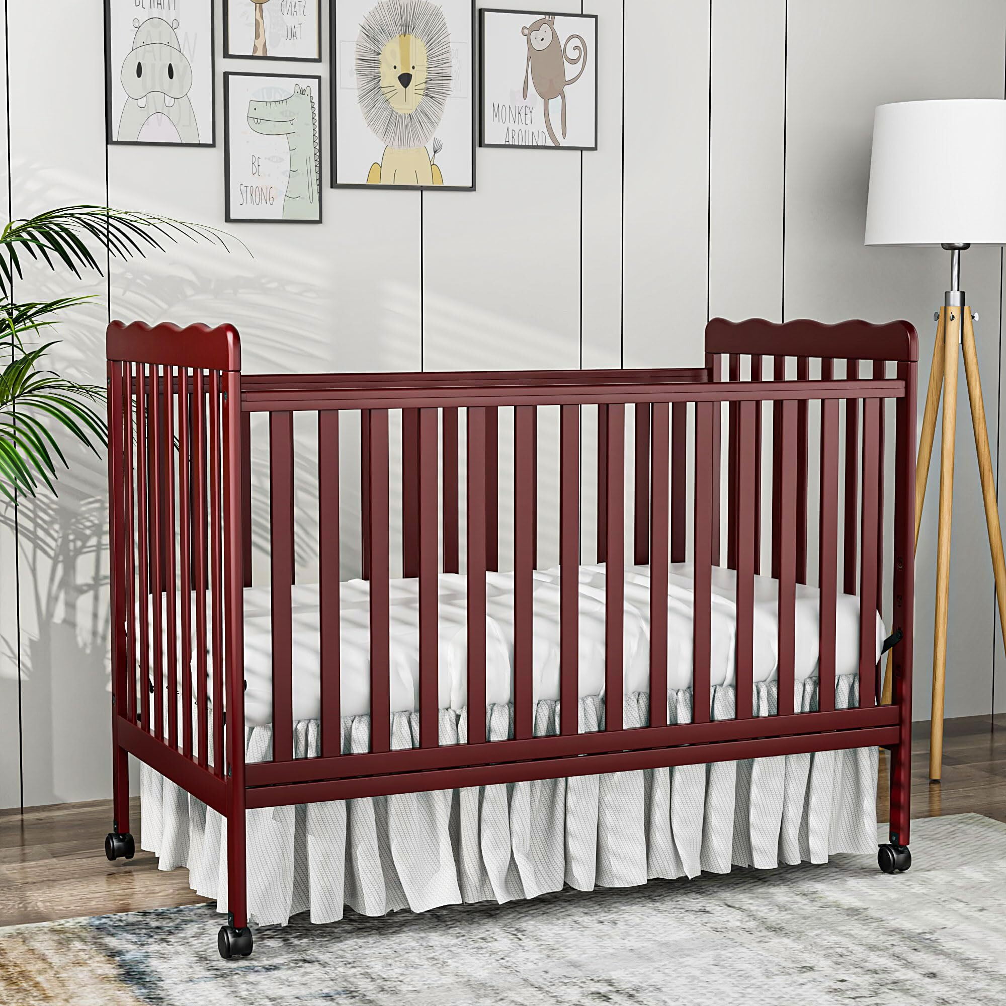 Baby Convertible Crib 3 In 1, Converts from Baby Crib to Toddler Bed, New Zealand Pinewood Baby Bed with Locking Wheels and Teething Rail, Crib with 4 Height Adjustment and Non Toxic Finish, Cherry
