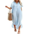 thumbnail image 1 of Robe de Plage pour Femmes, Cache-Maillot, Manches Courtes, Fente Latérale, Boutonnée, Longue Robe-Chemise, Cardigan, Robe Maxi de Plage, Bleu, G, 1 of 7