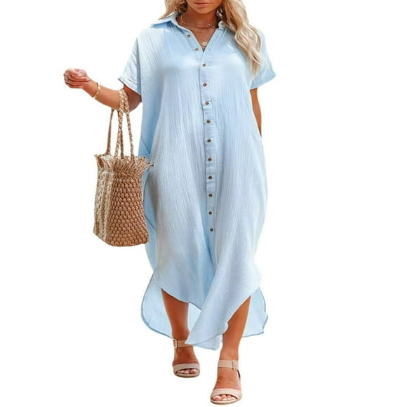 Womens Swimsuit Cover Up Dress Short Sleeve Side Split Button Down Long Shirt Dress Cardigan Maxi Beach Dress Blue L