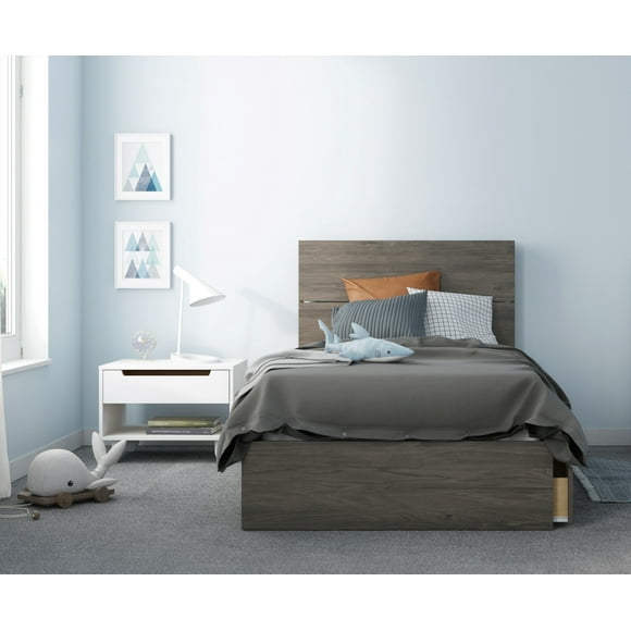 Nexera 402424 3-Piece Bedroom Set With Bed Frame, Headboard & Nightstand, Twin|Bark Grey & White
