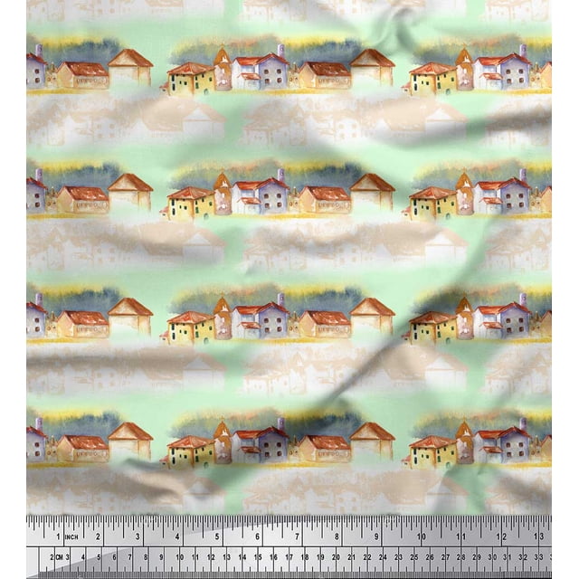 Soimoi Green Rayon Fabric House & Landscape Nature Print Fabric by Yard 56 Inch Wide