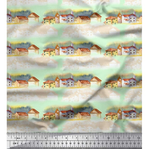Soimoi Green Cotton Duck Fabric House & Landscape Nature Printed Craft Fabric by the Yard 42 Inch Wide