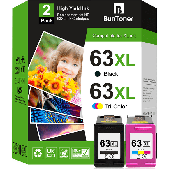 63XL Ink Compatible for HP 63 Ink Cartridges for HP Printer Ink 63 for OfficeJet 3830 4650 5255 5200 Envy 4520 4512 Printer (2 Pack)