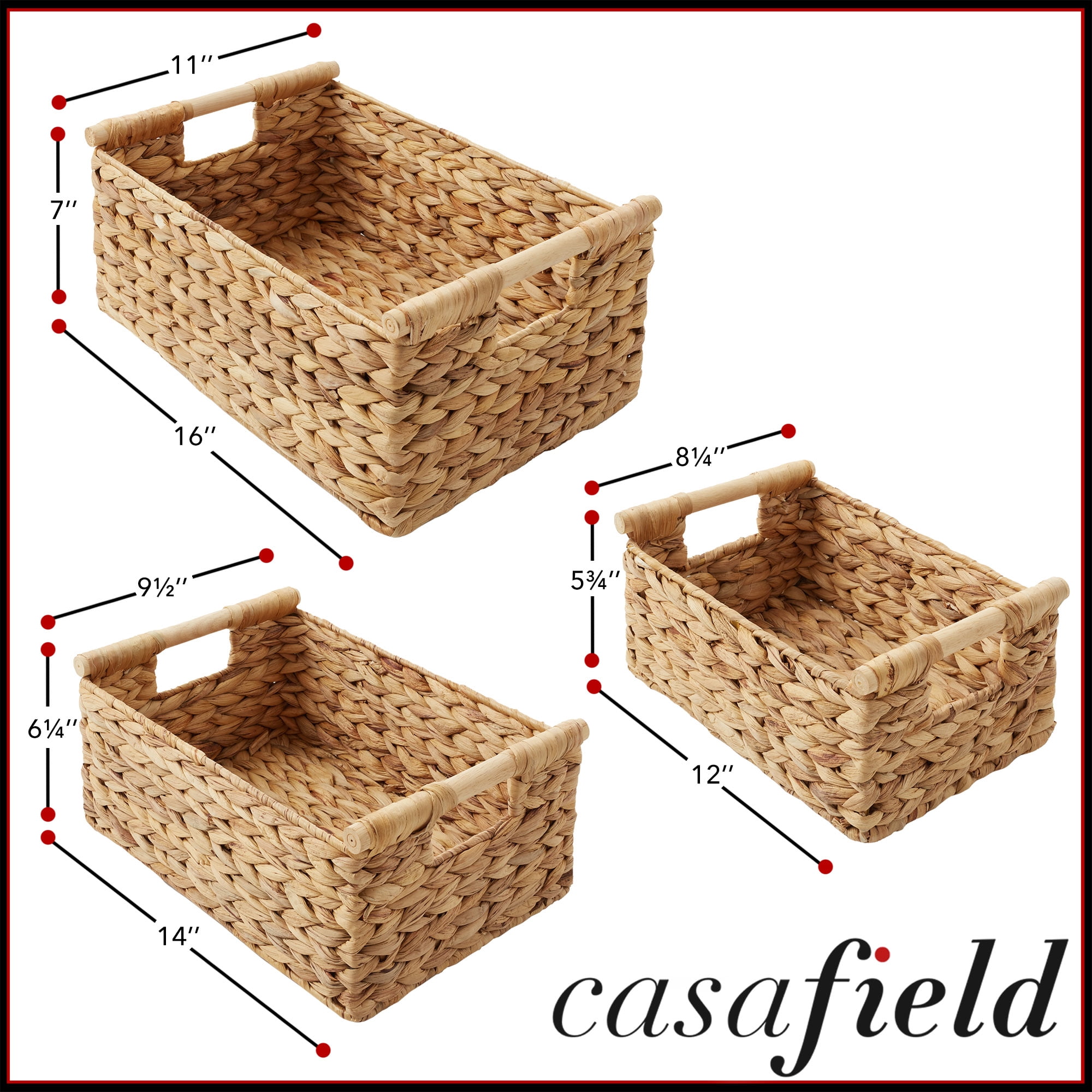 Casafield (Set of 3) Water Hyacinth Rectangular Storage Baskets with Wooden Handles - Small, Medium, Large Woven Nesting Baskets