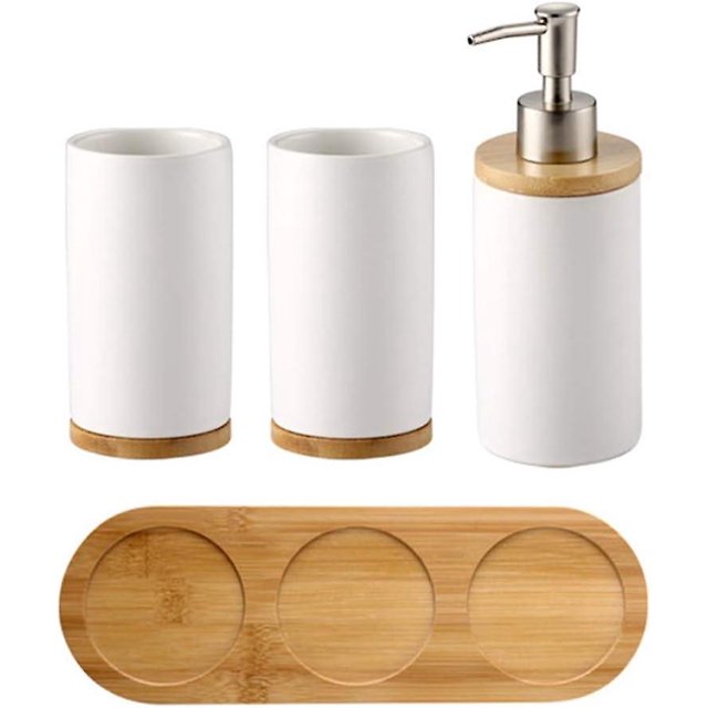 Set of 4 Ceramic Bathroom Accessories Set, Toothbrush Holder, Soap Dispenser, Tumbler, Bamboo Tray