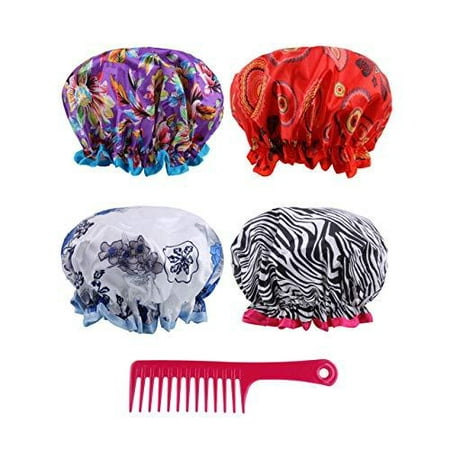 Reusable Shower Cap Women Hair - (Pack of 4) Lined Plastic Showercap Waterproof Bath Hat Hair Cover Caps Bundled with 1 Detangling Comb Perfect for all Hair Lengths and