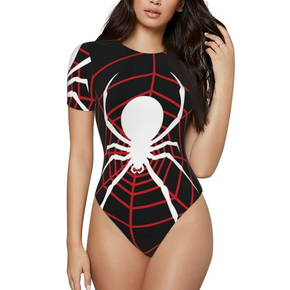 Vsdgher Spider On The Web Prinr Short Sleeve Body suit for Womens, Sexy Onesie One Piece Round Neck Bodysuit Shapewear Tummy Control-Small